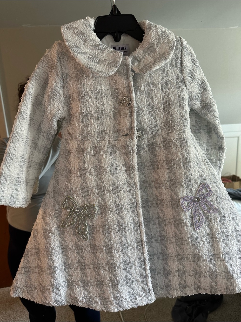 Blueberi Boulevard Light Gray Bow-Appliqué Pea Coat